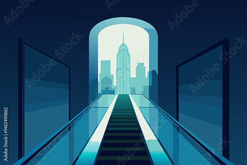 narrow escalator glowing in a glass tube skyscrape