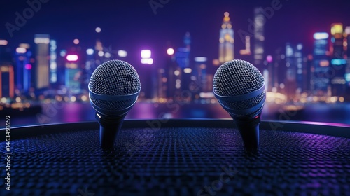 Microphones on stage with city skyline backdrop for concerts and communication concepts