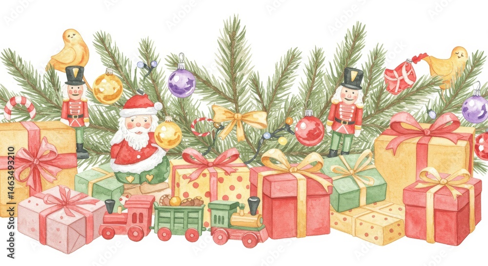 Naklejka premium Festive Christmas Watercolor Border with Toys and Presents - Celebrate the holidays with this charming watercolor illustration. Symbolizing joy, tradition, gifting, winter, and childhood memories