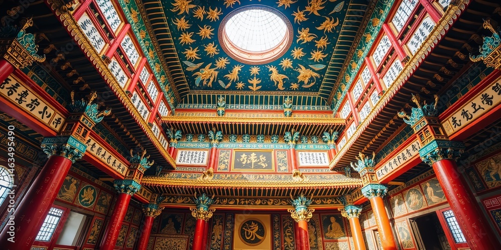 Obraz premium Hong Kong's Po Lin Monastery: Colourful Interior, Sutra Verses Adorn Walls and Ceiling.