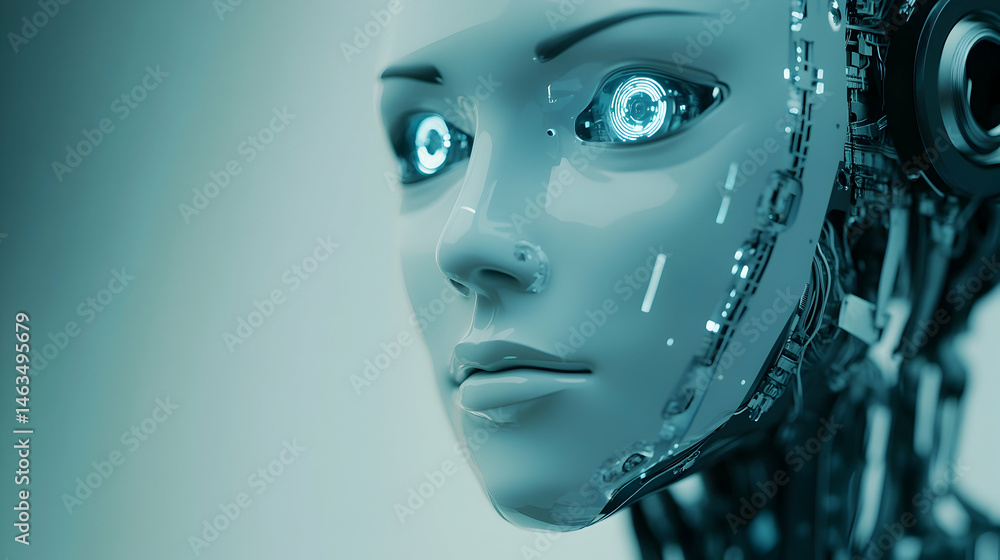 A humanoid robot face with glowing eyes against a light blue background. A humanoid robot face with glowing eyes against a light blue background.