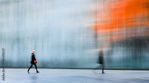 Two blurred figures walk before a colorful abstract wall.