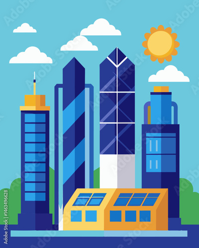 The towering structures are a testament to the factorys commitment to sustainability using solar panels to power their cooling systems.. Vector illustration