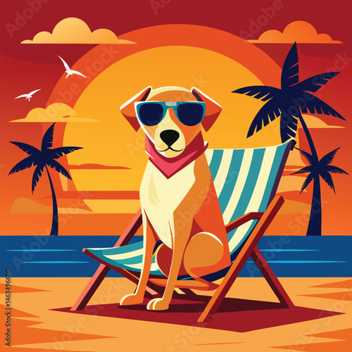 Cartoon Dog relaxing on the beach during a sunny summer vacation