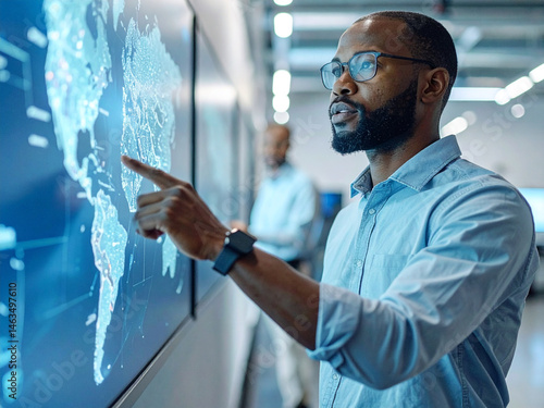Young Professional Logistics Coordinator Pointing at a Large Digital Map Screen Showing a Ship