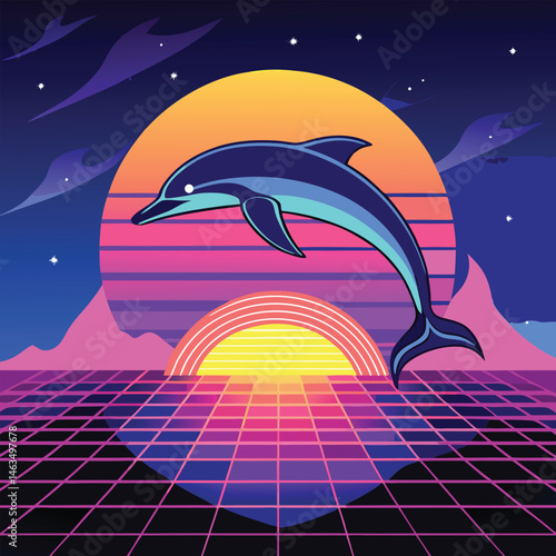 Vector cartoon illustration of a blue dolphin jumping out of the ocean wave, an aquatic mammal in nature, marine life design