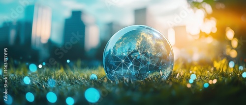 Globe on grass in city park, network concept, future technology, global connection, low angle, environmental sustainability