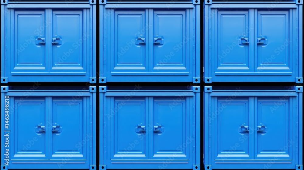 Fototapeta premium Close-up Stacked Blue Shipping Containers in Storage Yard Pattern Detail Industrial Abstract