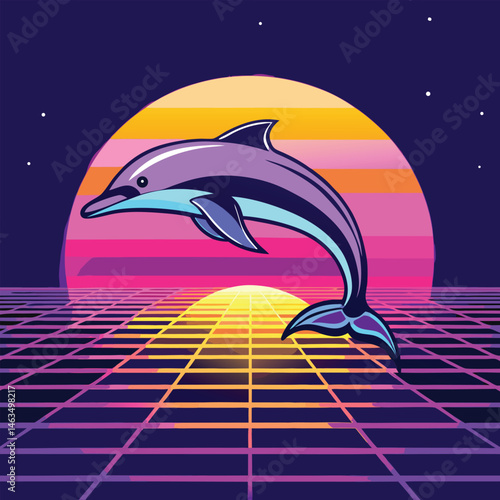 Vector cartoon illustration of a blue dolphin jumping out of the ocean wave, an aquatic mammal in nature, marine life design