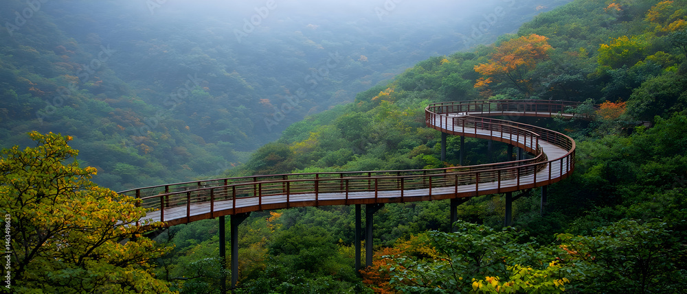 Fototapeta premium Wooden Pathway Through Lush Mountain Forest