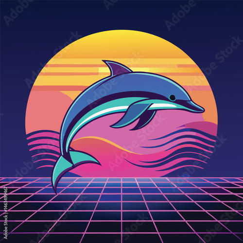 Vector cartoon illustration of a blue dolphin jumping out of the ocean wave, an aquatic mammal in nature, marine life design