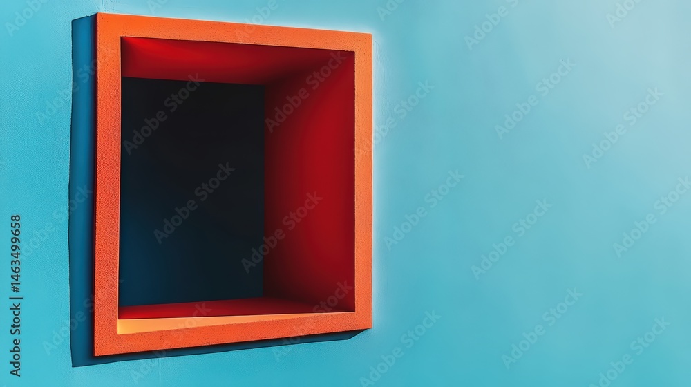 Abstract orange cube against a cyan wall creating depth and modern ambiance