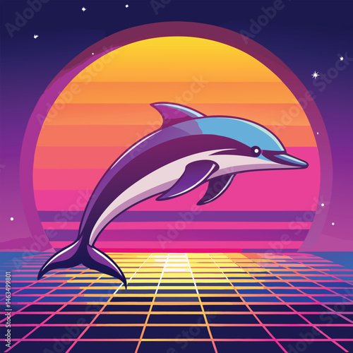 Vector cartoon illustration of a blue dolphin jumping out of the ocean wave, an aquatic mammal in nature, marine life design