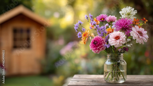 Wallpaper Mural Vibrant bouquet of flowers glass jar sits wooden table, surrounded by lush garden and cozy Torontodigital.ca