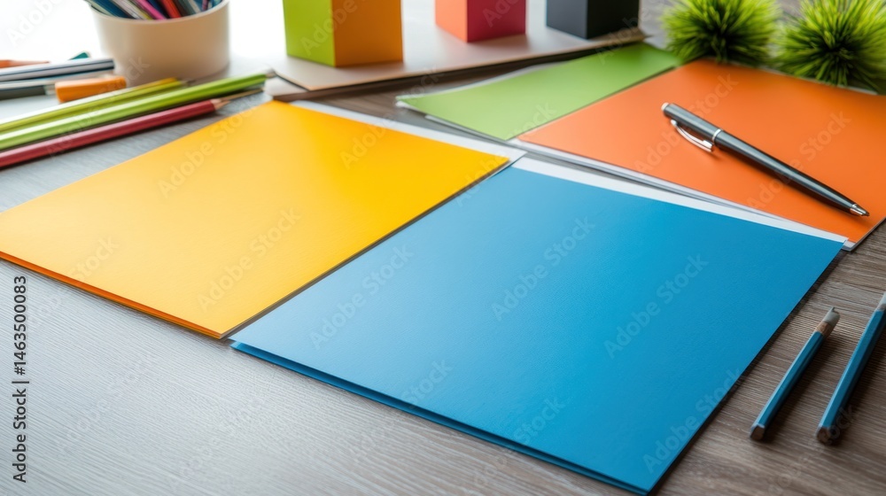 Fototapeta premium Colorful stationery paper and pens on desk