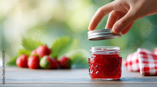 Fresh strawberry jam in jar, hand opening lid, vibrant berries in background, summer delight