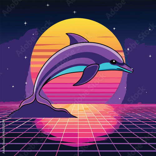 Vector cartoon illustration of a blue dolphin jumping out of the ocean wave, an aquatic mammal in nature, marine life design