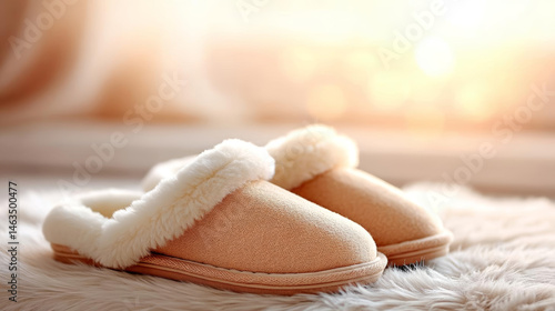Cozy slippers with soft fur lining on plush surface, perfect for relaxation and comfort