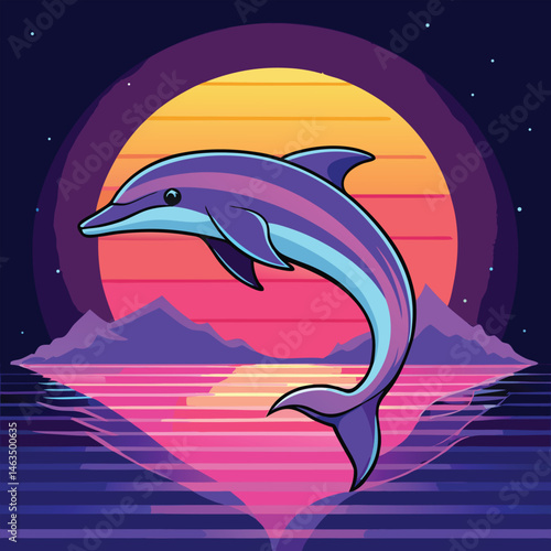 Vector cartoon illustration of a blue dolphin jumping out of the ocean wave, an aquatic mammal in nature, marine life design