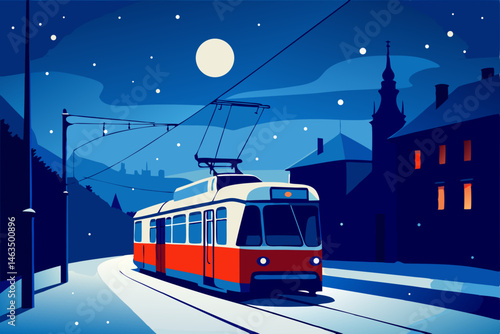 night tram moving through snowy streets of prague