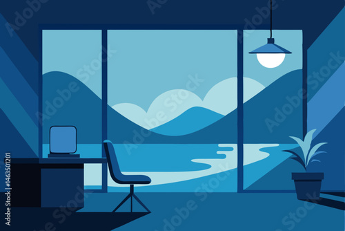 ocean themed calm office with waves mural 
