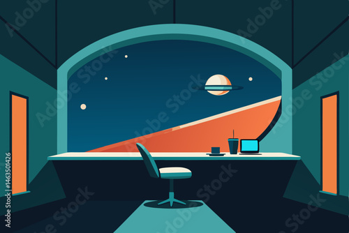 office aboard a space station with curved walls 