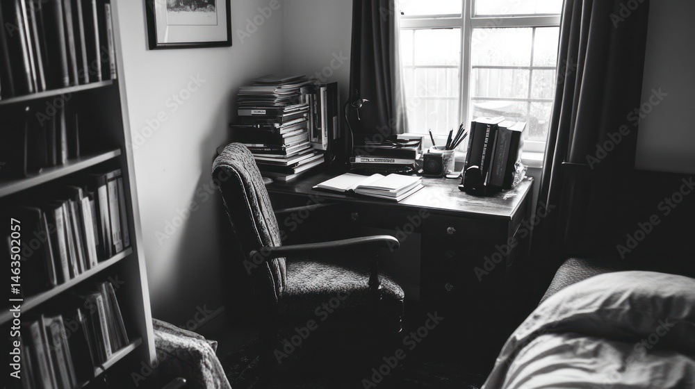 Cozy home office corner, books, window light, writing Cozy home office corner, books, window light, writing