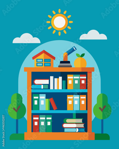 The schools library boasts a large collection of books and resources about solar energy and its benefits for the environment.. Vector illustration