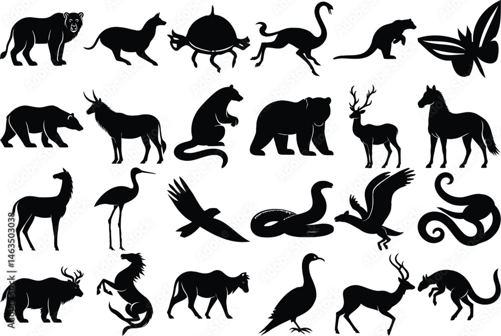 Obraz premium Wild Animal Silhouettes Vector. Diverse Wildlife Icons in Black and White
