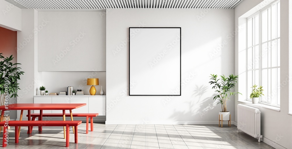 Fototapeta premium Bright creative interior with red table, indoor plants, books, and blank wall frame in sunny minimalist space, modern home concept. Ai generative