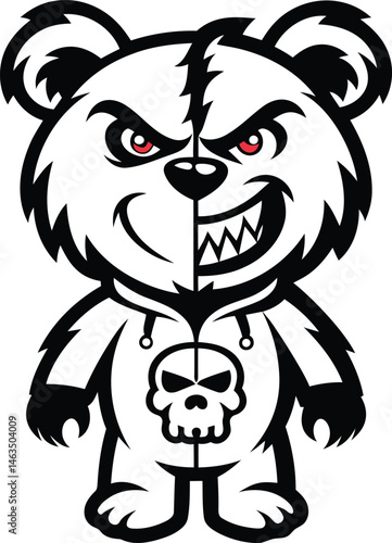 Cartoon and Funny style fierce bear character with a split face vector illustration, fierce bear character with a split face silhouette and line art vector design