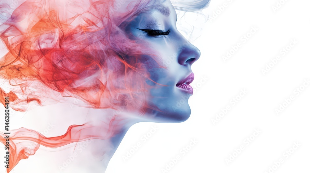 Fototapeta premium Abstract portrait of woman with vibrant smoke elements blending into form