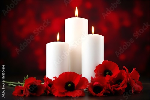 Remembrance Day Still Life: White Candles, Red Poppies on Dark Background - Memorial, Remembrance, Respect, Peace, Loss, Grief, Remembrance Day