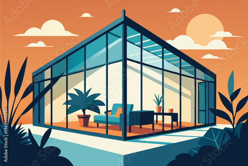 office in a glass conservatory  sunlight and plant