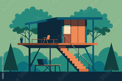 office in a treehouse with wooden steps and leafy  