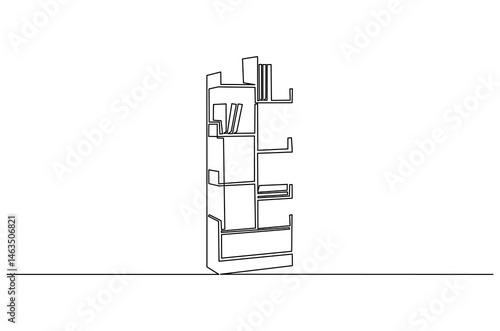 Continuous one line drawing of Shelving unit with books. Single line drawing illustration of Bookshelf. Interior decoration concept vector art. Doodle line illustration.