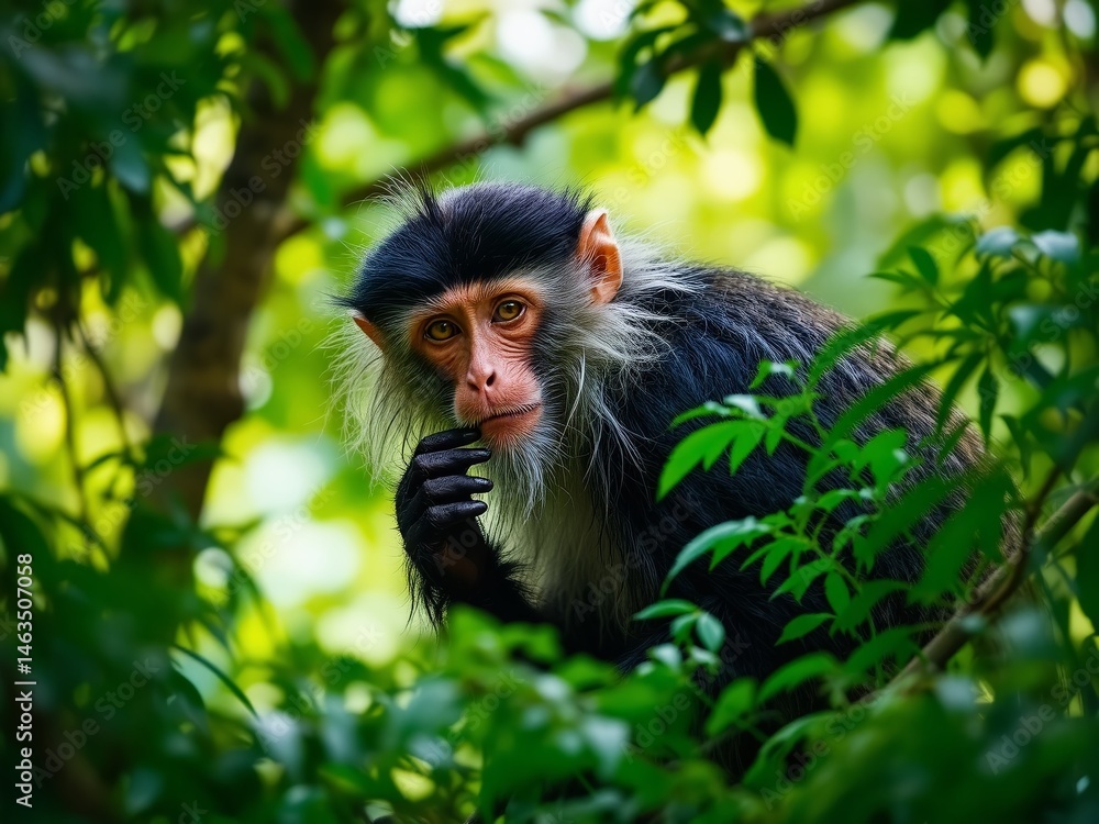 Fototapeta premium Curious Macaque Contemplating in Lush Canopy