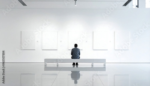 Man Contemplating Blank Canvases in Modern Art Gallery Minimalist Interior Design