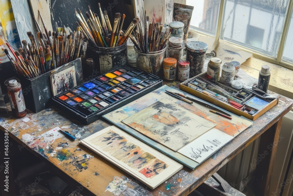A flat lay of an artist’s desk with sketchbooks, paints, and brushes, captured with soft natural light A flat lay of an artist’s desk with sketchbooks, paints, and brushes, captured with soft natural light