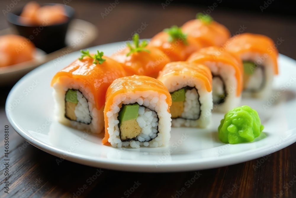 Variety of sushi rolls on white plate, garnished with wasabi, tuna, food, japanese Variety of sushi rolls on white plate, garnished with wasabi, tuna, food, japanese