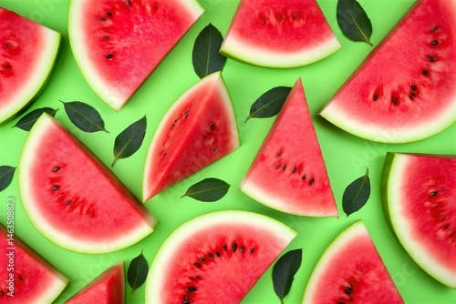 Watermelon Slices on Green Background: Fresh Summer Fruit Still Life, Bright Red Watermelon Wedges with Seeds and Green Leaves, Food Photography