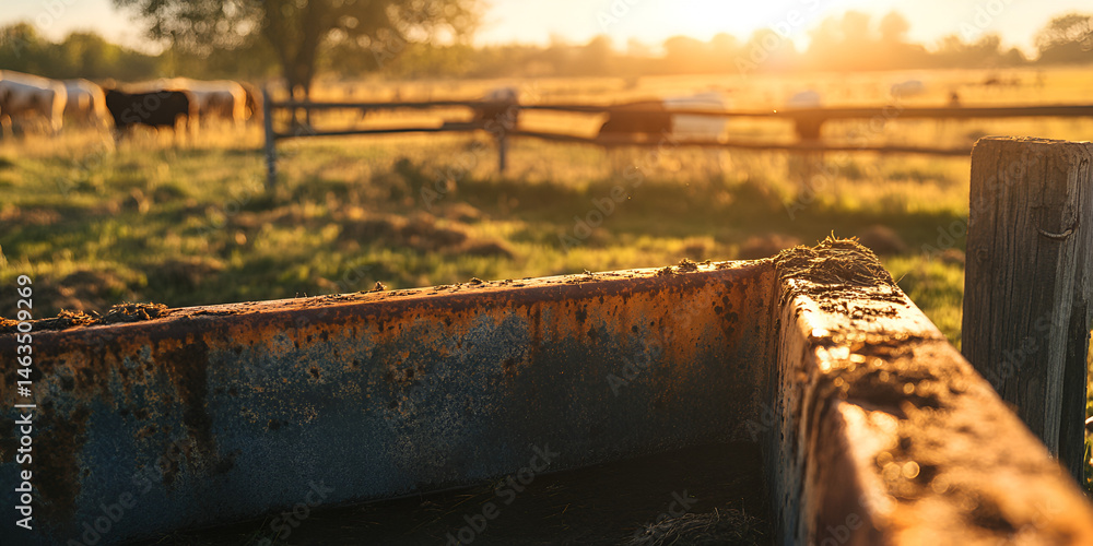 Rusty Metal Trough in a Sunlit Pasture with Grazing Cattle