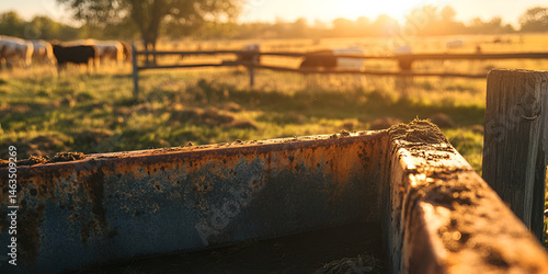 Obraz na płótnie Rusty Metal Trough in a Sunlit Pasture with Grazing Cattle
w salonie