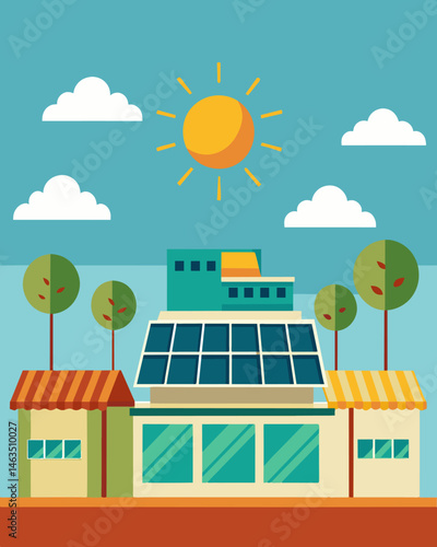 The rooftop of the shopping center was a testament to sustainability with its neatly arranged solar panels facing the sun ready to soak up its energy.. Vector illustration