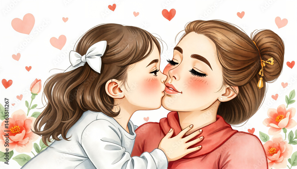 Sweet Kiss: A tender moment between a mother and daughter, captured in a vibrant, heart-filled illustration, perfectly depicting unconditional love and familial warmth. Sweet Kiss: A tender moment between a mother and daughter, captured in a vibrant, heart-filled illustration, perfectly depicting unconditional love and familial warmth.