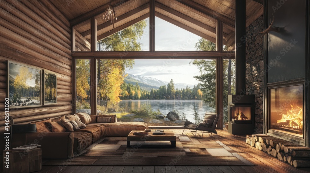 Cozy cabin interior with lake view and autumn scenery Cozy cabin interior with lake view and autumn scenery