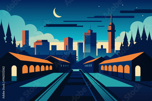 old railway yard turned into urban park at night  
