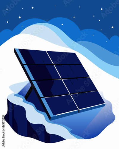 The contrast of the dark slick solar panels against the pure white snow working together to power a winter wonderland.. Vector illustration