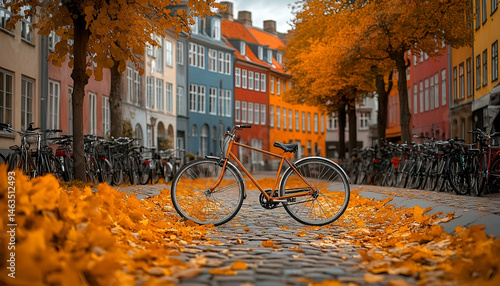 Orange Bicycle Parked on Cobblestone Street Amidst Autumn Leaves