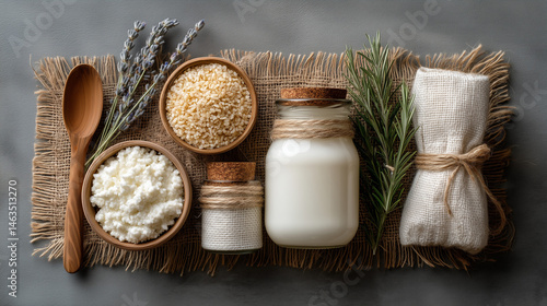 Dairy and Plant-Based Goodness: An overhead shot showcases an assortment of dairy and plant-based milk alternatives, including creamy cottage cheese, rice milk, and a jar of fresh milk.